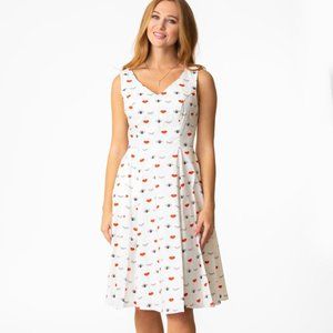 Eva Rose White & Red Eye & Lips Print Fit and Flare V-Neck Dress with Pockets